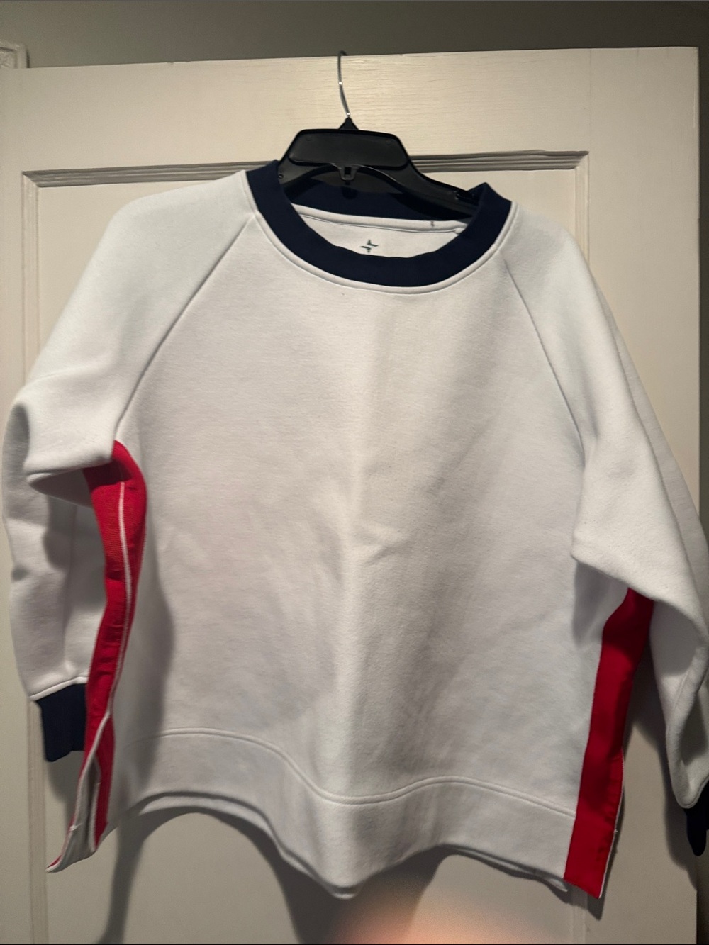 Tuckernuck White Crewneck Sweater with Red Side Panels and Navy Trim